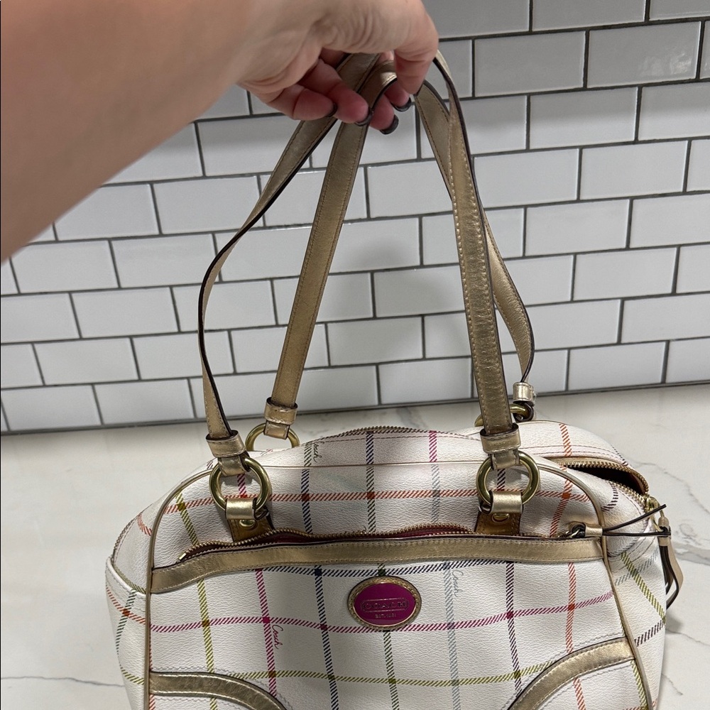 Coach Cream Plaid Shoulder Bag with Gold Straps and Pink Logo